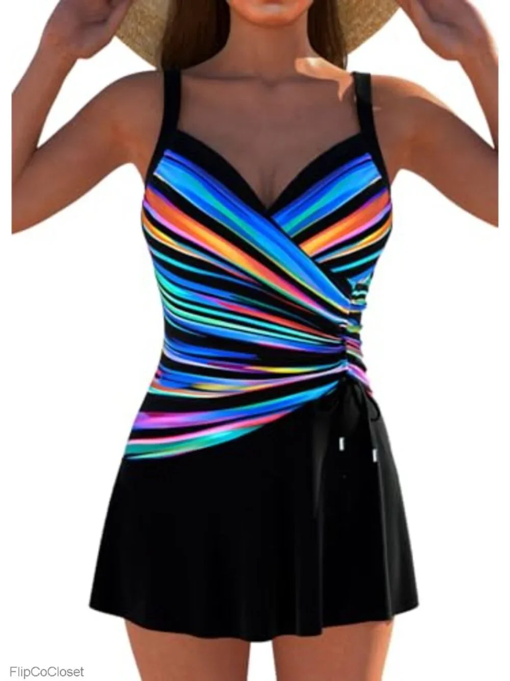 Modest One Piece Swimsuit Faux 2-Piece Drawstring Skirt Ruched Tummy Control